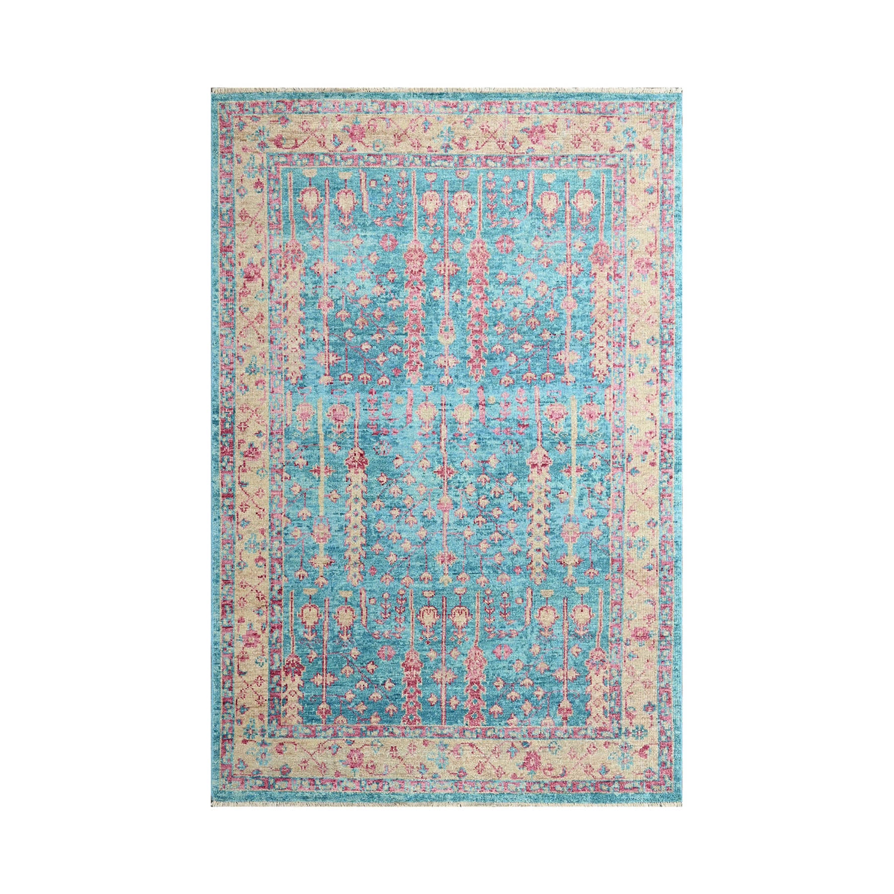 Multi Size Turquoise Light Gold Rose Color Hand Knotted Indo Oushak Wool Traditional Oriental Rug