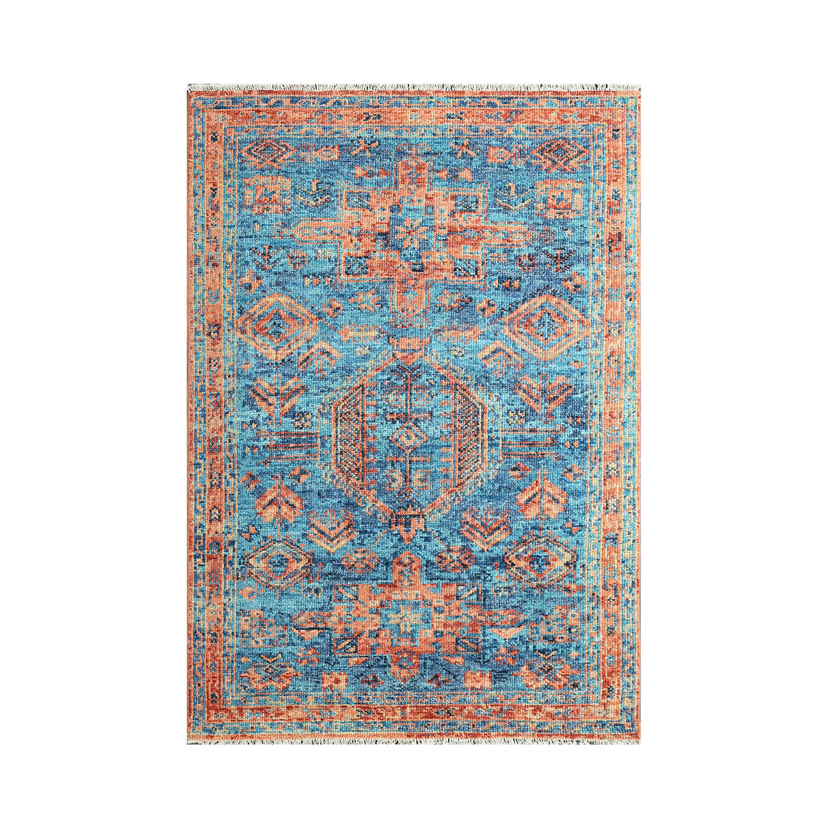 Multi Size Turquoise Burnt Orange Peach Color Hand Knotted Indo Oushak Wool Traditional Oriental Rug