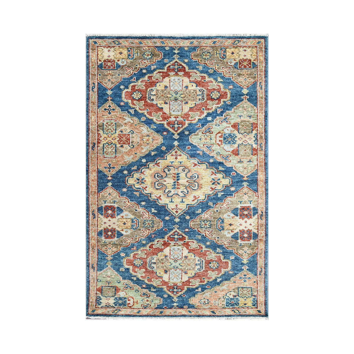 Multi Size Blue Rust Beige Color Hand Knotted Oushak Wool  Oriental Rug