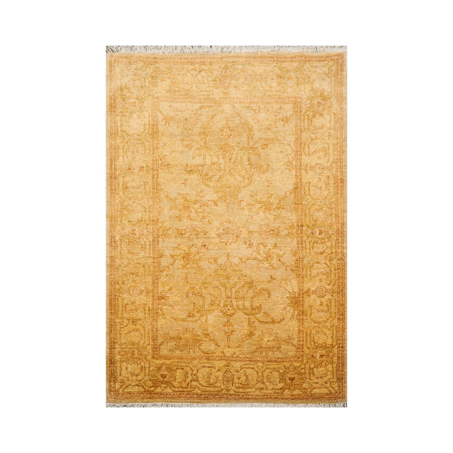 4x6 Light Gold, Brown, Green Color Hand Knotted Chobi Peshawar 100% Wool Traditional Oriental Rug