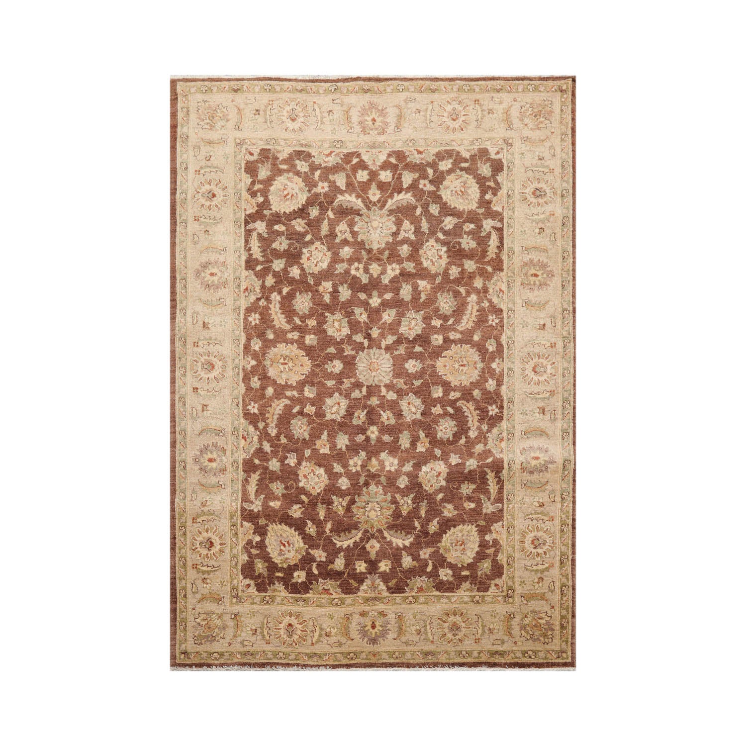 5x8 Brown, Beige, Tan Color Hand Knotted Chobi Peshawar 100% Wool Traditional Oriental Rug