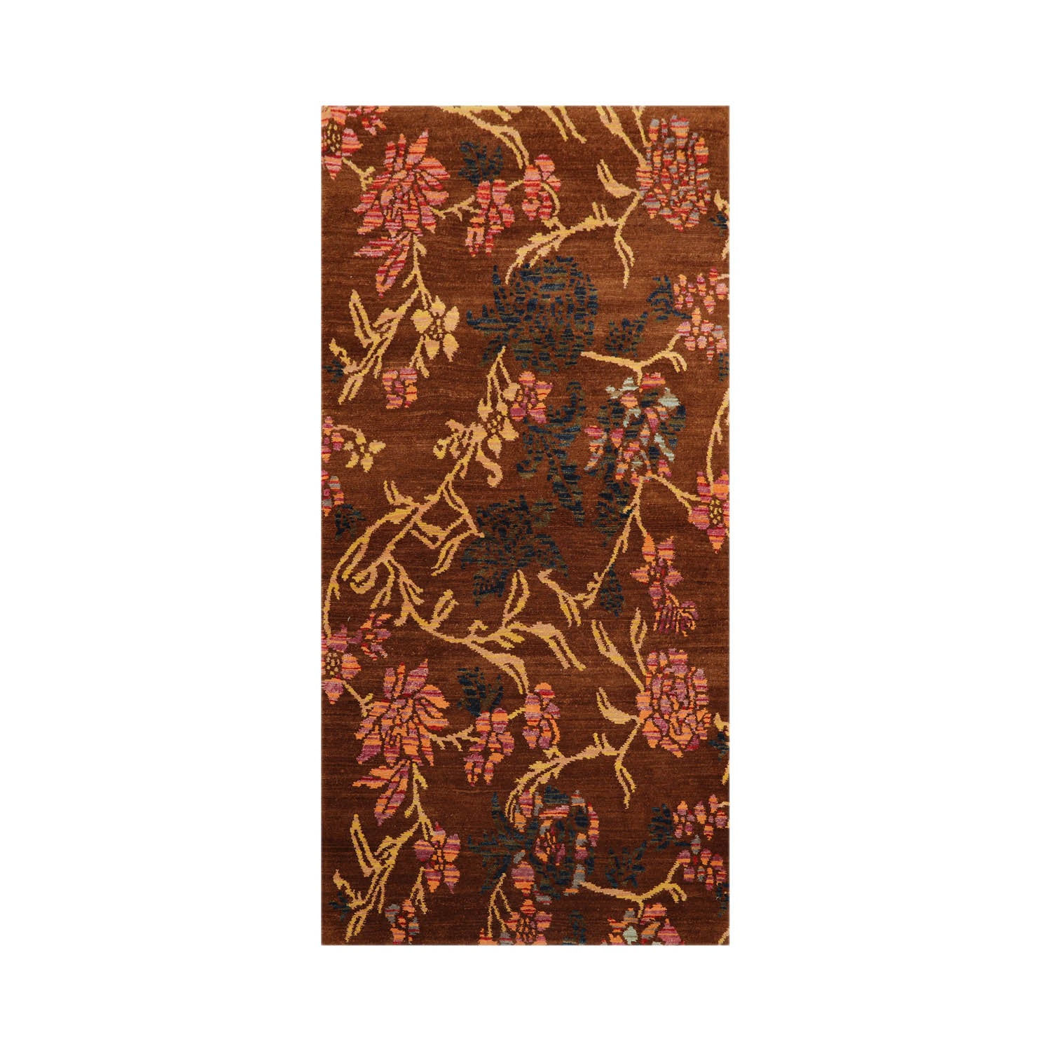 Runner Brown, Gold, Navy Color Hand Knotted  100% Wool Transitional Oriental Rug