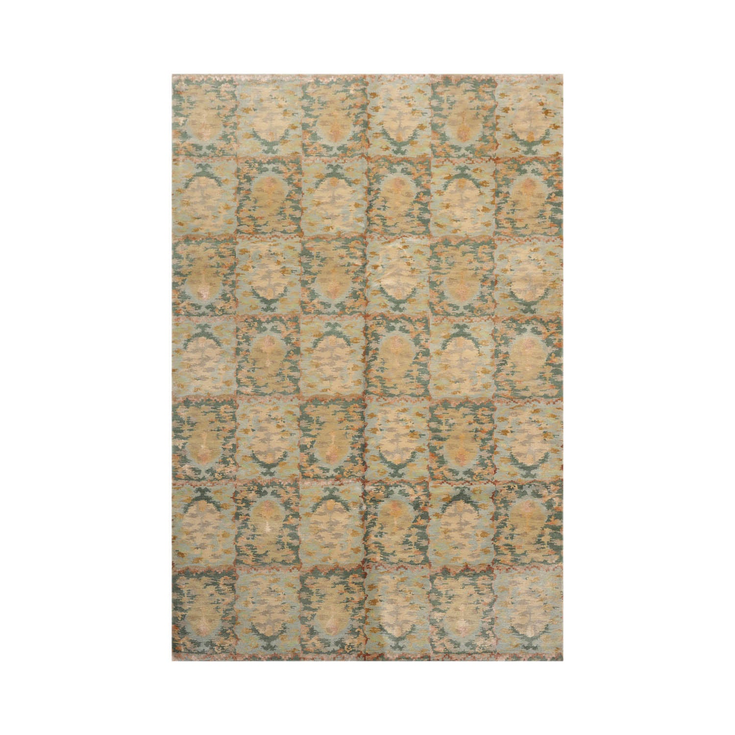 6x9 Aqua, Teal, Gold Color Hand Knotted Tibetan 100% Wool Contemporary Oriental Rug