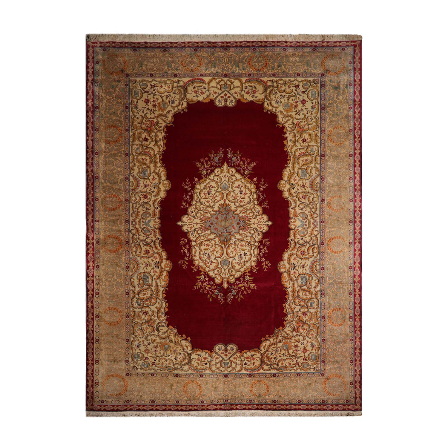 Palace Burgundy, Beige, Moss Color Hand Knotted Tabriz 100% Wool Traditional Oriental Rug