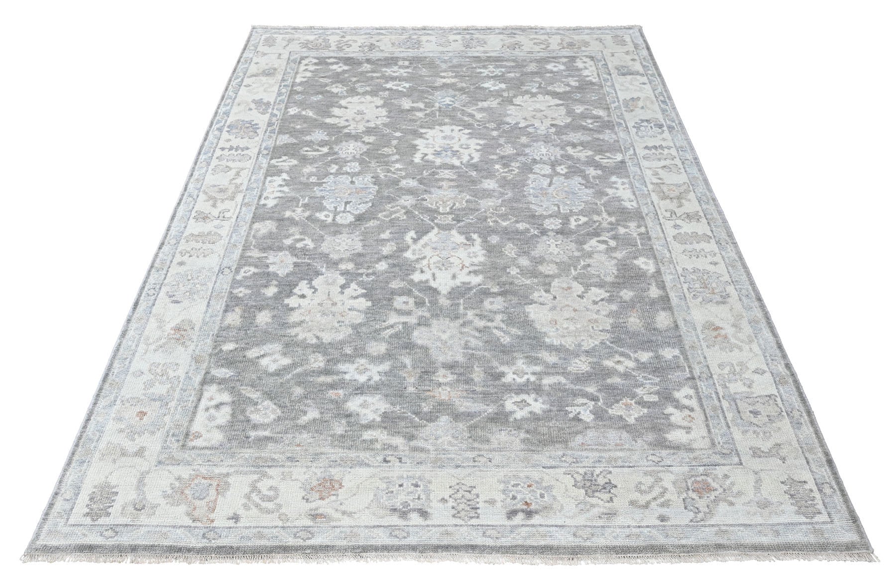 Multi Size Gray Slate Ivory Color Hand Knotted Oushak Wool Transitional Oriental Rug