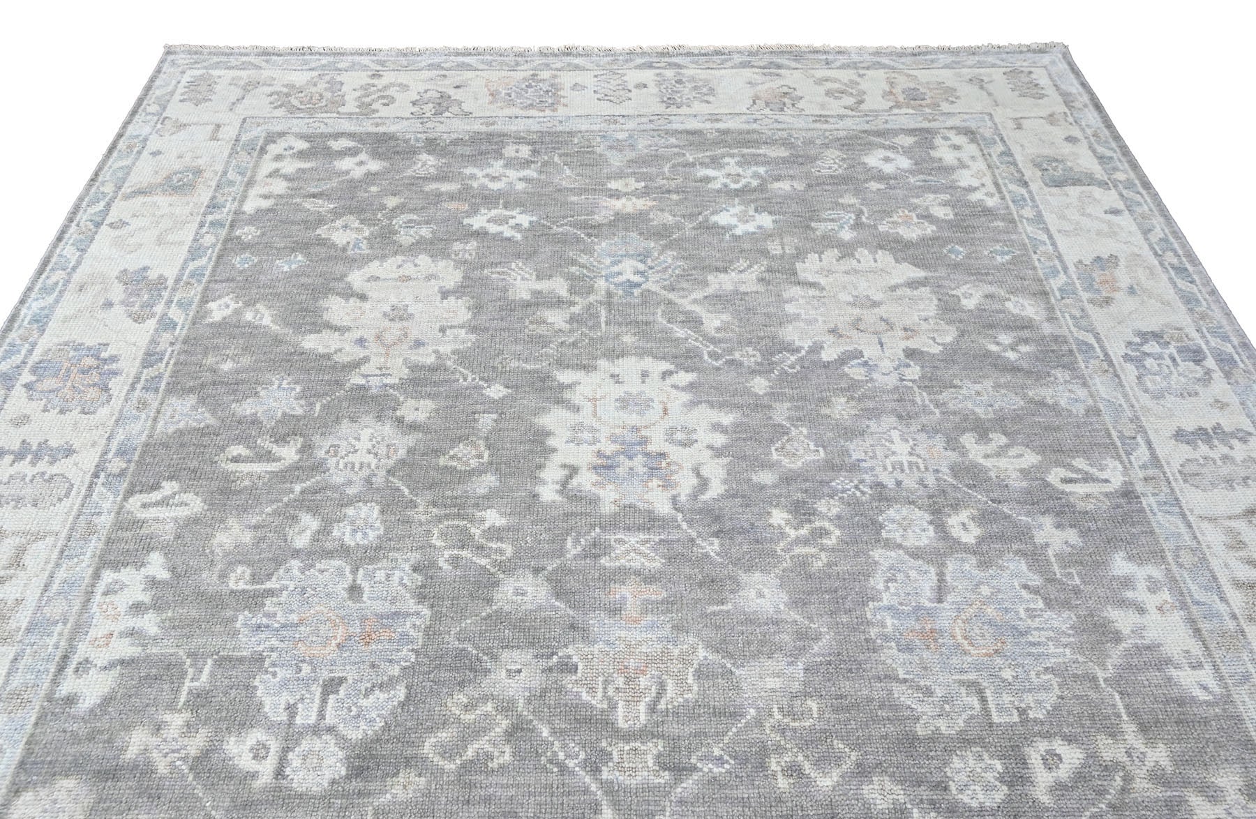 Multi Size Gray Slate Ivory Color Hand Knotted Oushak Wool Transitional Oriental Rug