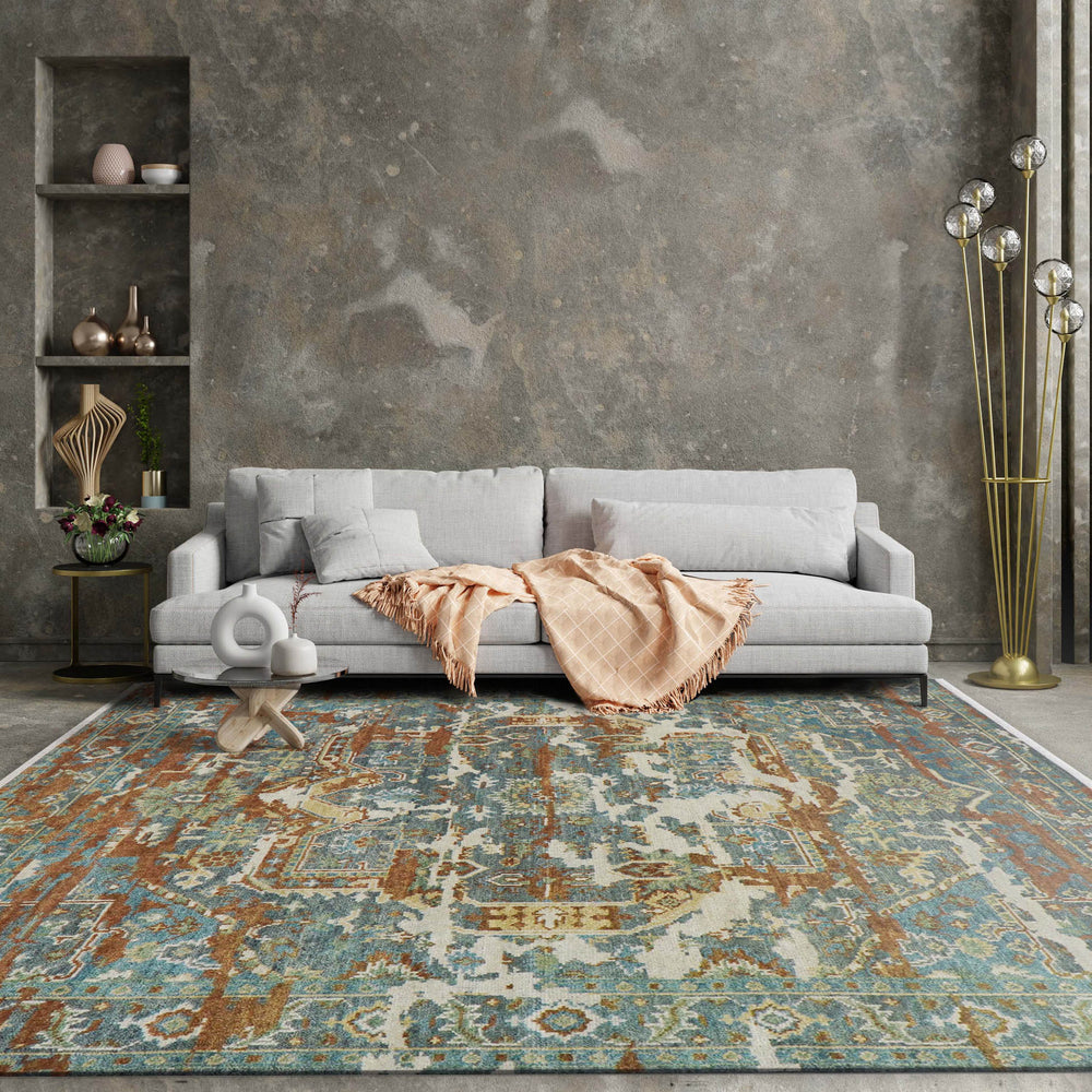 8x10 Beige, Rust, Aqua Color Hand Knotted  100% Wool Transitional Oriental Rug