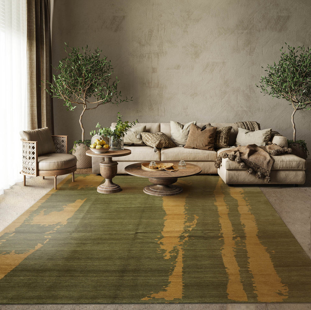 8x10 Green, Muted Gold, Color Hand Knotted  100% Wool Modern Oriental Rug