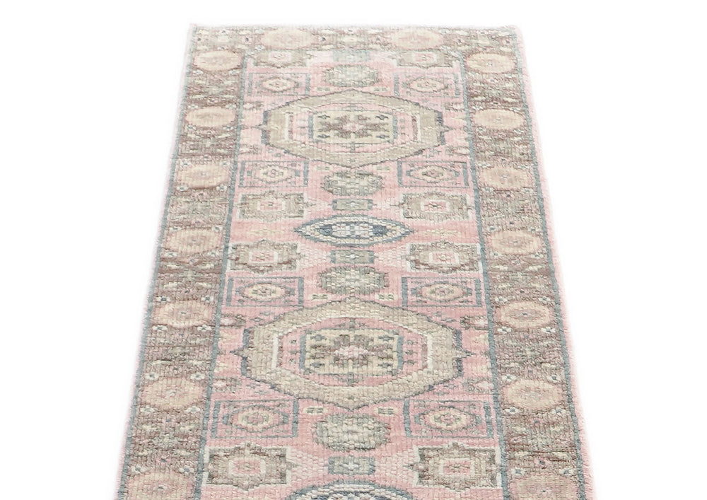 2'6x10 Blush, Gray, Ivory Color Hand Knotted Oushak Wool Transitional Oriental Rug