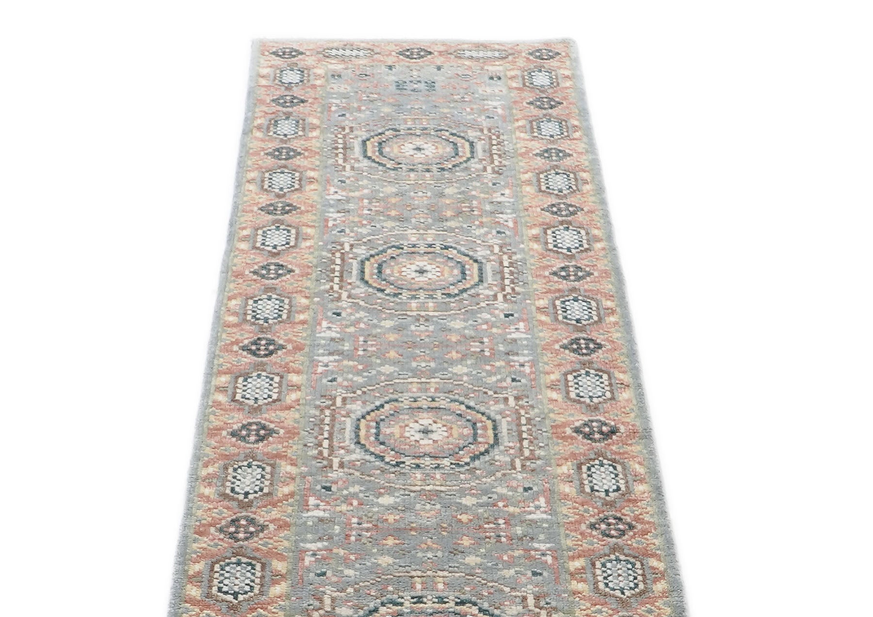 2'6x10 Gray, Blush, Tan Color Hand Knotted Oushak Wool Traditional Oriental Rug
