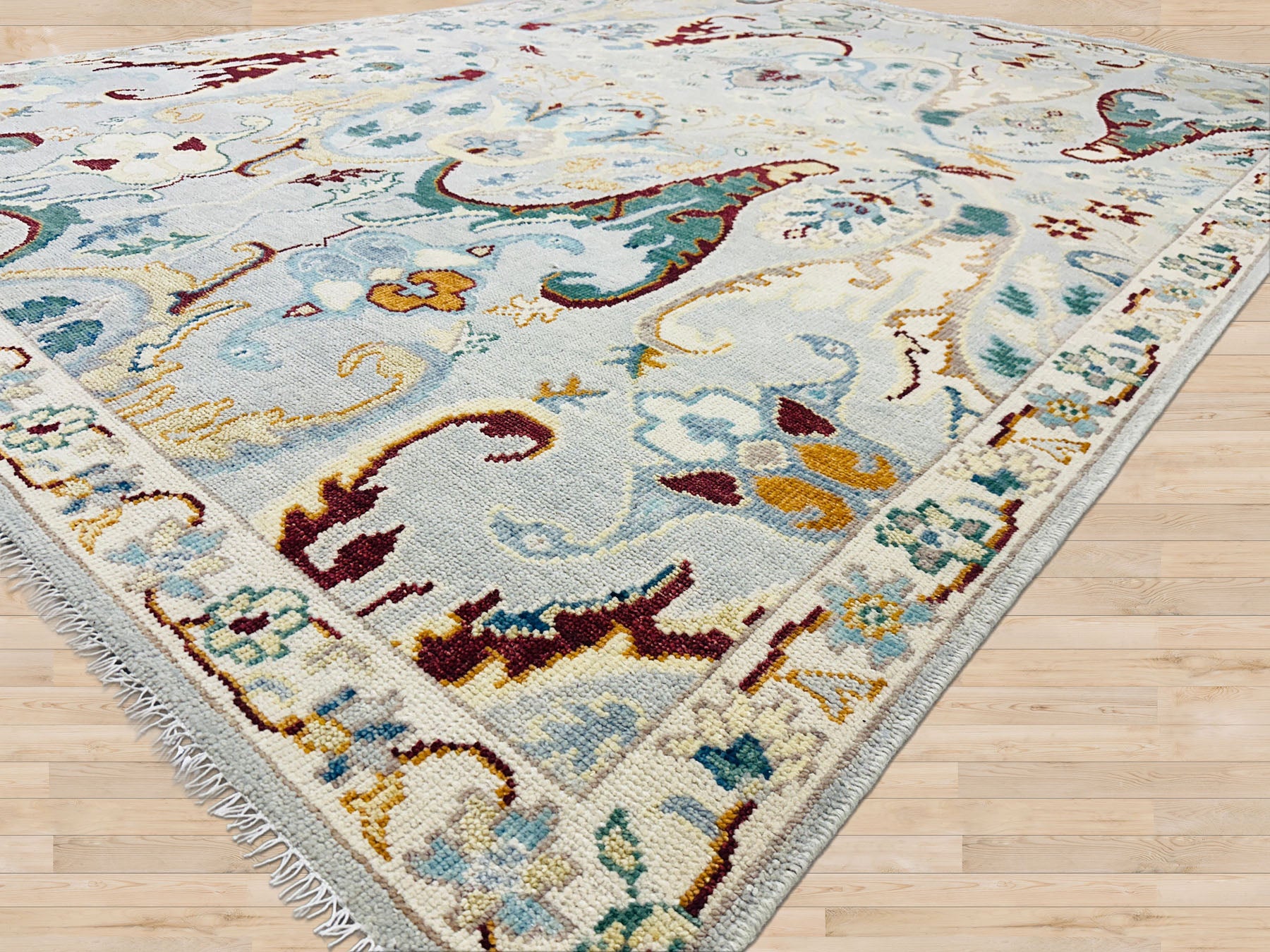 Multi Size Mint Gray Ivory Color Hand Knotted Oushak Wool  Oriental Rug