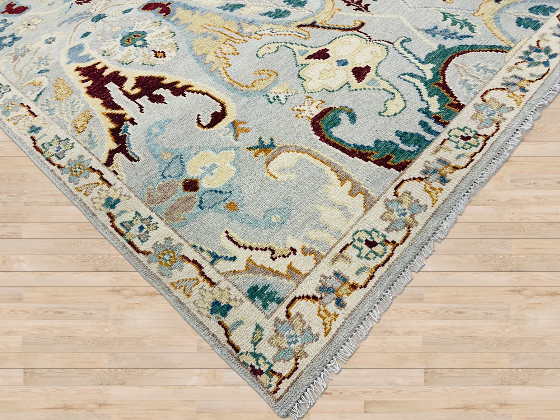 Multi Size Mint Gray Ivory Color Hand Knotted Oushak Wool  Oriental Rug