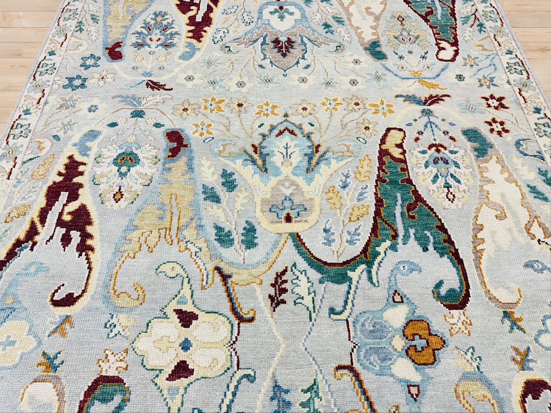 Multi Size Mint Gray Ivory Color Hand Knotted Oushak Wool  Oriental Rug
