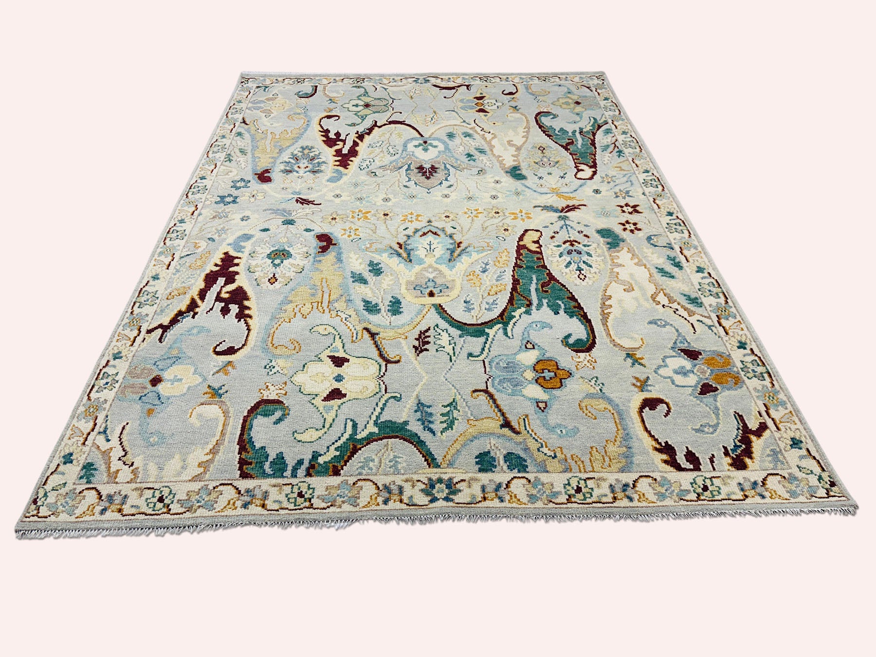 Multi Size Mint Gray Ivory Color Hand Knotted Oushak Wool  Oriental Rug